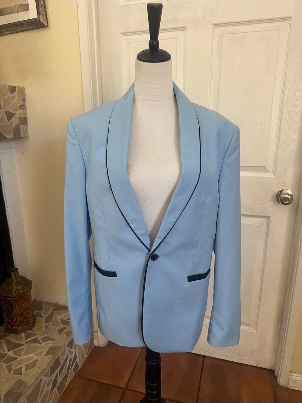 Light Blue Men's Tuxedo Blazer suite with Black Trim and pants